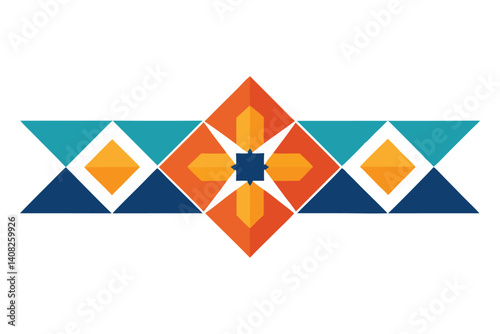 Colorful geometric pattern with central floral design and symmetrical triangular elements