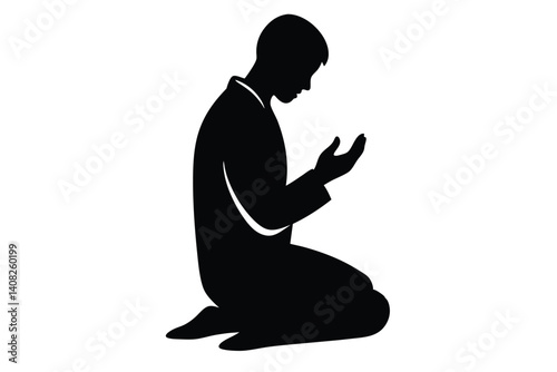 Silhouette of a kneeling man in prayer with hands uplifted in supplication