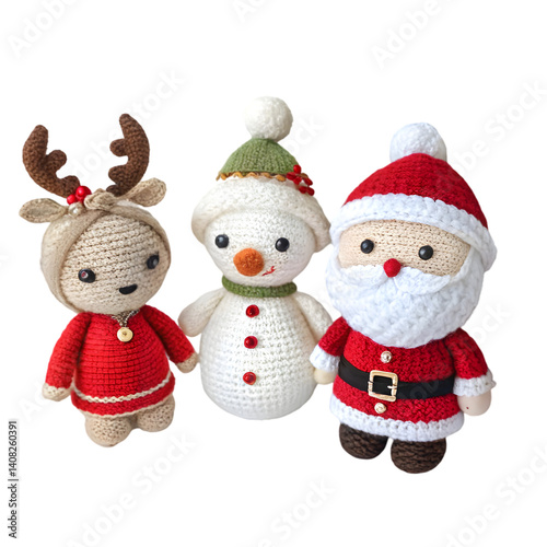 Adorable Crochet Christmas Trio: Reindeer, Snowman, Santa isolated on transparent background
