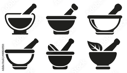 Stylized Mortar and Pestle Icon Set Minimalist Herbal and Culinary Designs