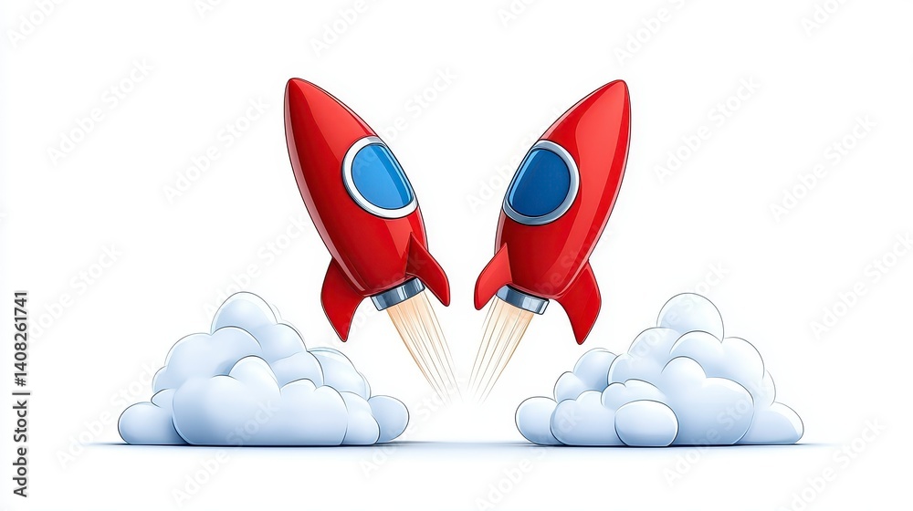 Red rockets launching above fluffy clouds in a bright blue sky Red rockets launching above fluffy clouds in a bright blue sky