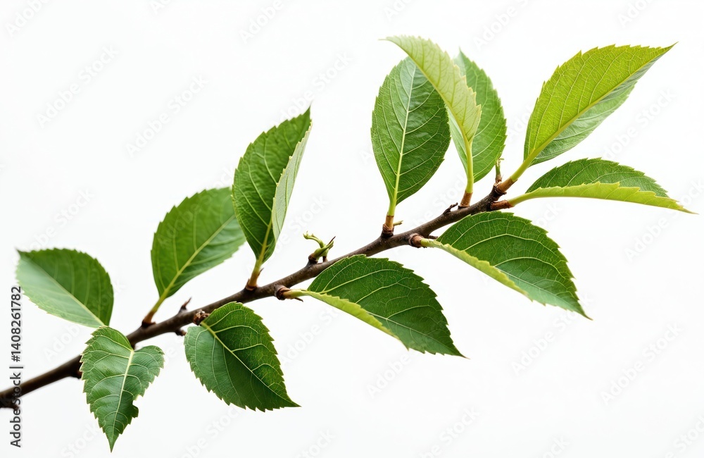 Close-up photo of apple tree branch isolated against white background. Green leaves on branch, plant part. Botany, ecology, nature, organic theme. Fresh, season, spring, summer, decorative element. Close-up photo of apple tree branch isolated against white background. Green leaves on branch, plant part. Botany, ecology, nature, organic theme. Fresh, season, spring, summer, decorative element.