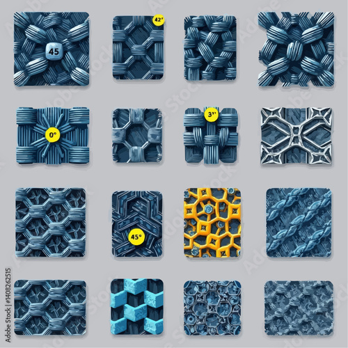 collection of sixteen unique patterns arranged in a 4x4 grid, with intricate geometric structures. Hexagonal shapes, lattice structures, and interlocking rings