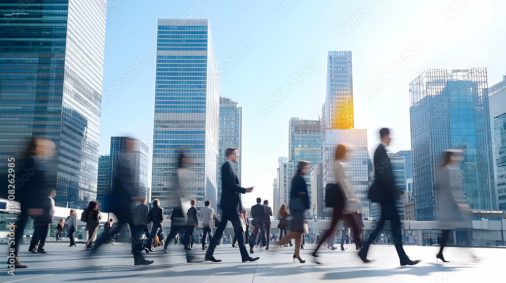 Obraz premium Diverse Crowd Of Business People In Suits Commute On A Busy City Street With Modern Skyscrapers And Motion Blur During Daylight
