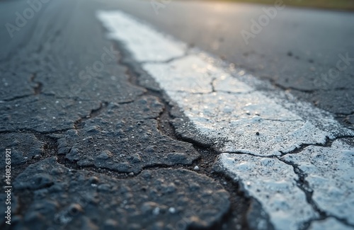 Close-up asphalt texture with white road marking. Grey pavement surface with cracks. Road marking, transportation, urban background. Construction industry backdrop. Pathway, highway, street detail.