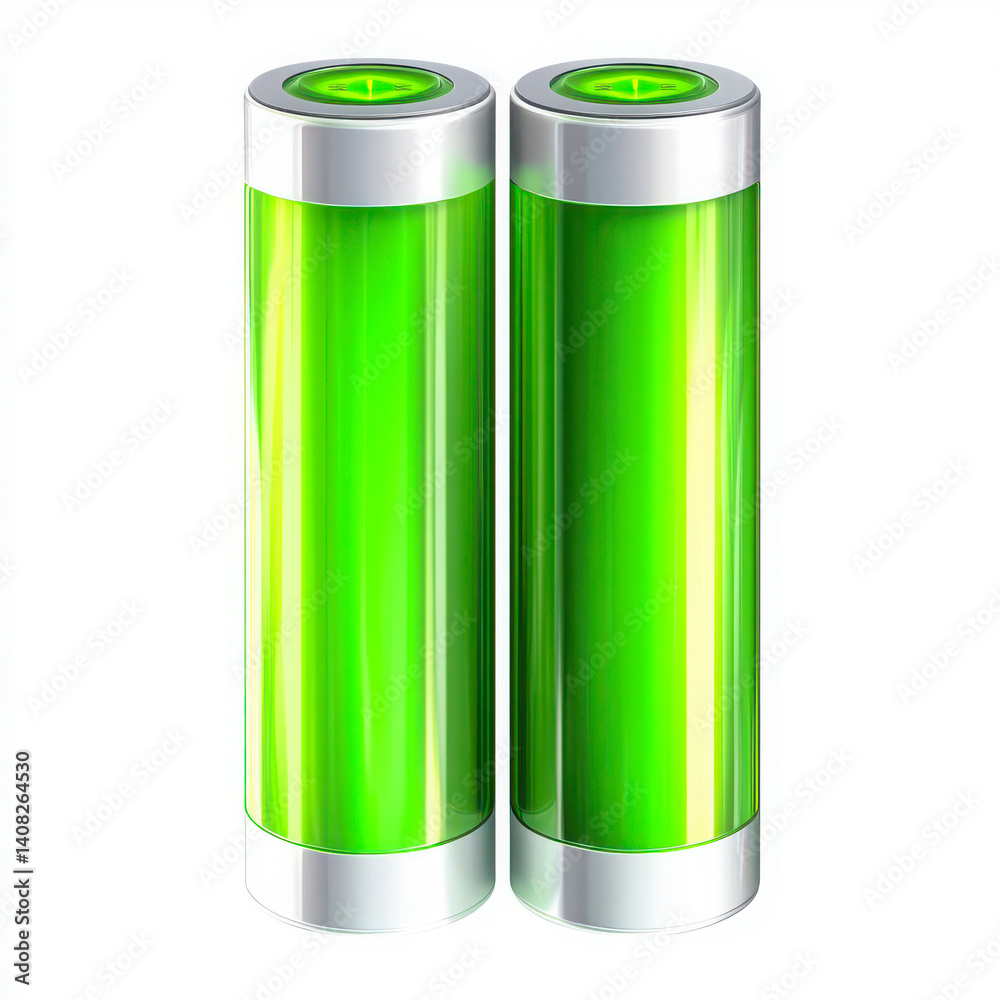 Two green batteries standing upright isolated on white background Two green batteries standing upright isolated on white background