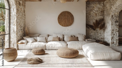 Boho chic living room with natural textures high resolution picture