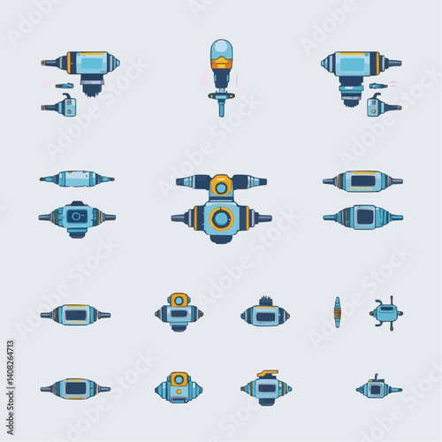 Futuristic Spacecraft Icon Set - 16 Blue and Yellow Sci-Fi Drone Designs for Concept Art
