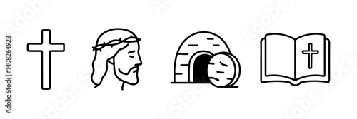 Christian symbols with cross, Jesus, tomb, and Bible isolated
