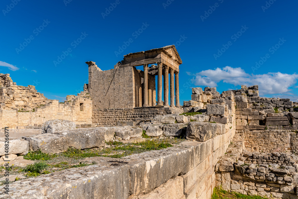 Ruins of Roman temples in Dougga, Tunisia