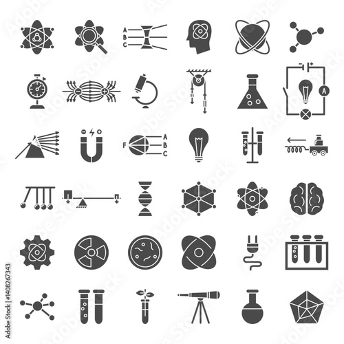 Nuclear Physics Solid Web Icons. Vector Flat Chemistry and Biology Education Symbols. Science Objects Set.