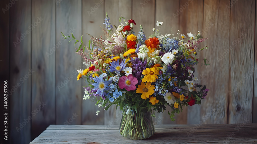 Naklejka premium Vibrant wildflowers in a clear vase against a rustic wooden backdrop.