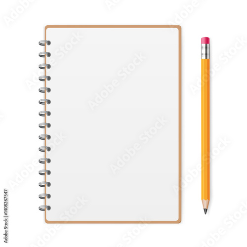 Opened brown notepad or notebook with spiral and yellow pencil. Vector EPS 10