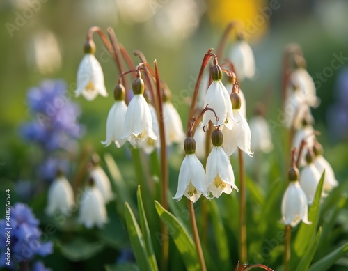 Delicate Dicentra cucullaria monkshood soldier-cap flowers bloom in garden. White bell-shaped flowers, spring blooms, green leaves. Nature background, macro photo, flora, botanical, primrose flowers. photo