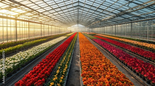 Fototapeta Naklejka Na Ścianę i Meble -  Spring bloom in a large greenhouse complex showcasing vibrant orchid fields from above