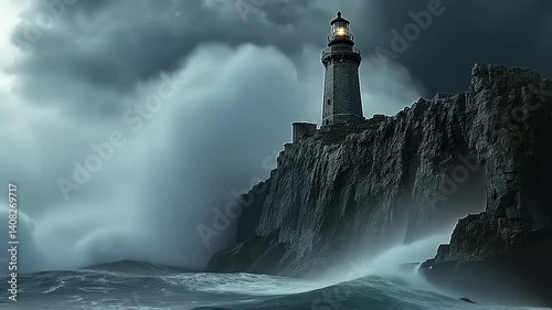 Dramatic lighthouse standing tall on rocky cliffs amidst turbulent ocean waves and stormy skies