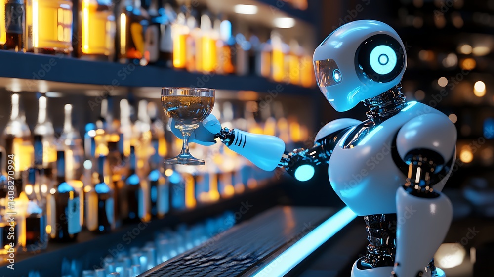 Robotic bartender mixing cocktail at glowing modern bar image