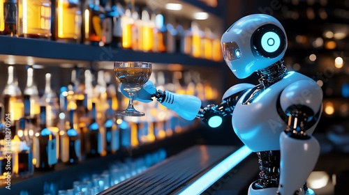 Robotic bartender mixing cocktail at glowing modern bar image