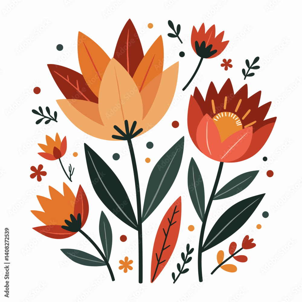 Set of floral elements. Romantic flower collection with flowers, twigs, leaves, herbs and berries. Vector design isolated on white background.