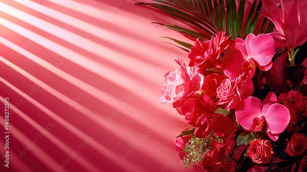 Obraz premium A vase brimming with pink blossoms sits beside a palm frond and a vibrant mosaic wall, casting shadows