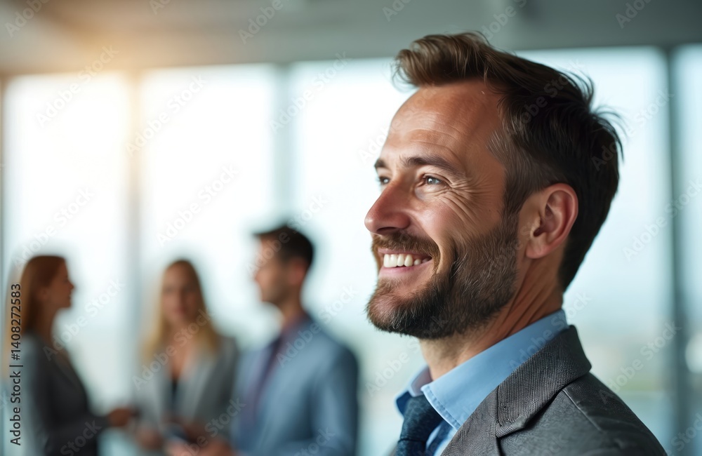 Smiling leader with team in background. Confident man in suit looks forward. Business pro with vision, success. Leadership, innovation, business, modern career.