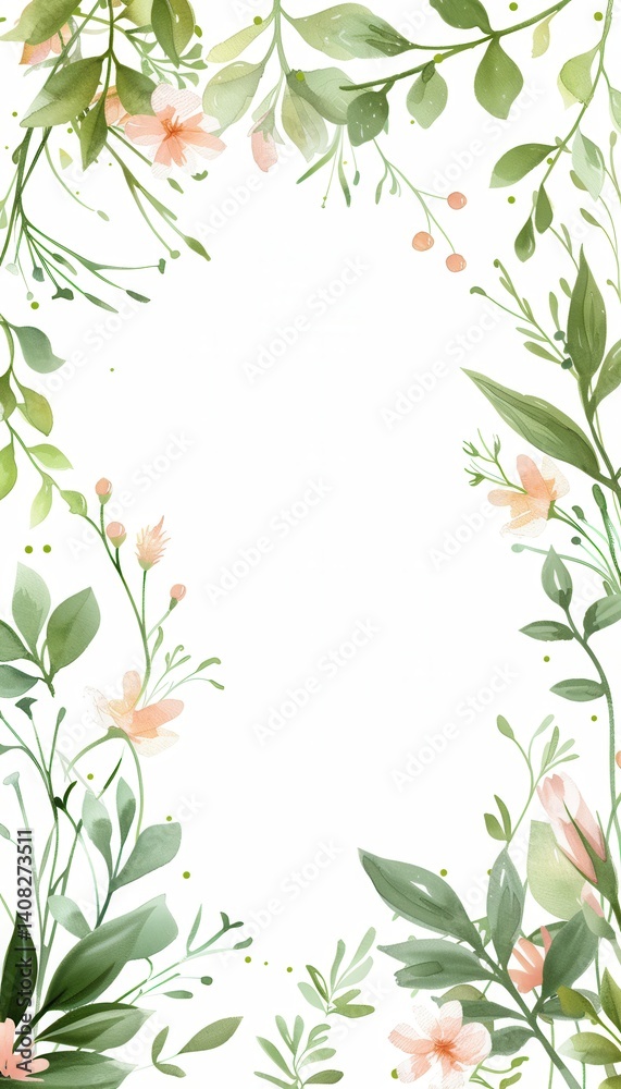 Minimalist Spring Frame with Green Vines and Pastel Flowers on Soft White Background for Design