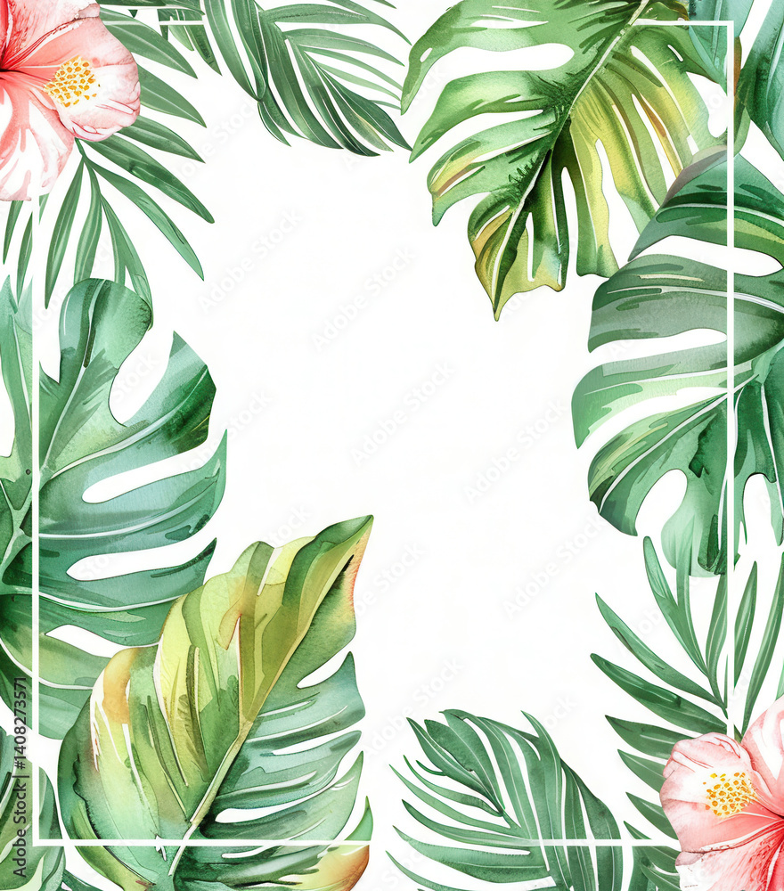 Tropical Watercolor Frame with Monstera Leaves and Hibiscus Flowers for Elegant Design