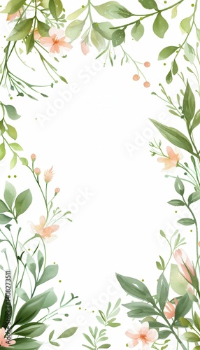 Obraz na płótnie Minimalist Spring Frame with Green Vines and Pastel Flowers on Soft White Background for Design w salonie