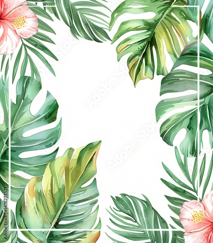 Obraz na płótnie Tropical Watercolor Frame with Monstera Leaves and Hibiscus Flowers for Elegant Design w salonie