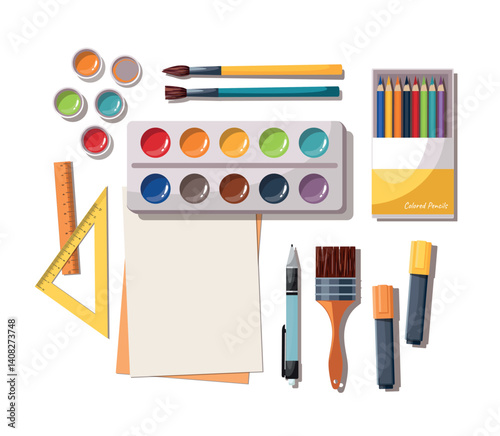 Art work accessories tools supplies set on white background. Paint brushes, paintbox watercolors, crayons, pencils and paper. Back to school. Top view