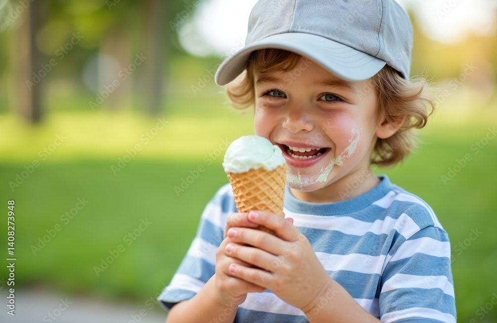 Happy boy eats ice cream outdoors. Child enjoys sweet dessert on hot summer day. Cute kid with a beautiful smile, face covered in melted ice cream. Summer holidays, lifestyle concept. Happy boy eats ice cream outdoors. Child enjoys sweet dessert on hot summer day. Cute kid with a beautiful smile, face covered in melted ice cream. Summer holidays, lifestyle concept.