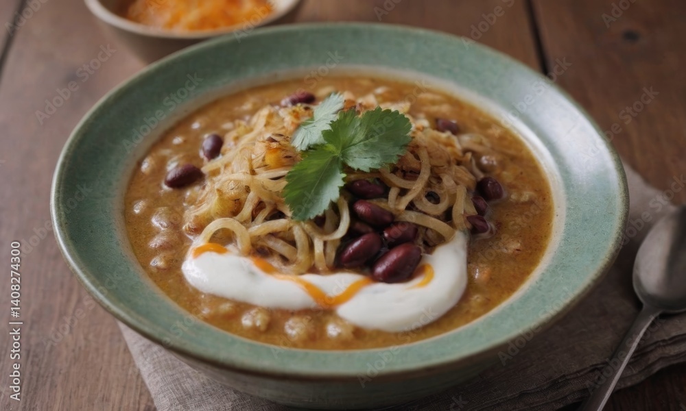 Delicious bowl of spicy noodle soup with beans and yogurt served in rustic kitchen setting Delicious bowl of spicy noodle soup with beans and yogurt served in rustic kitchen setting