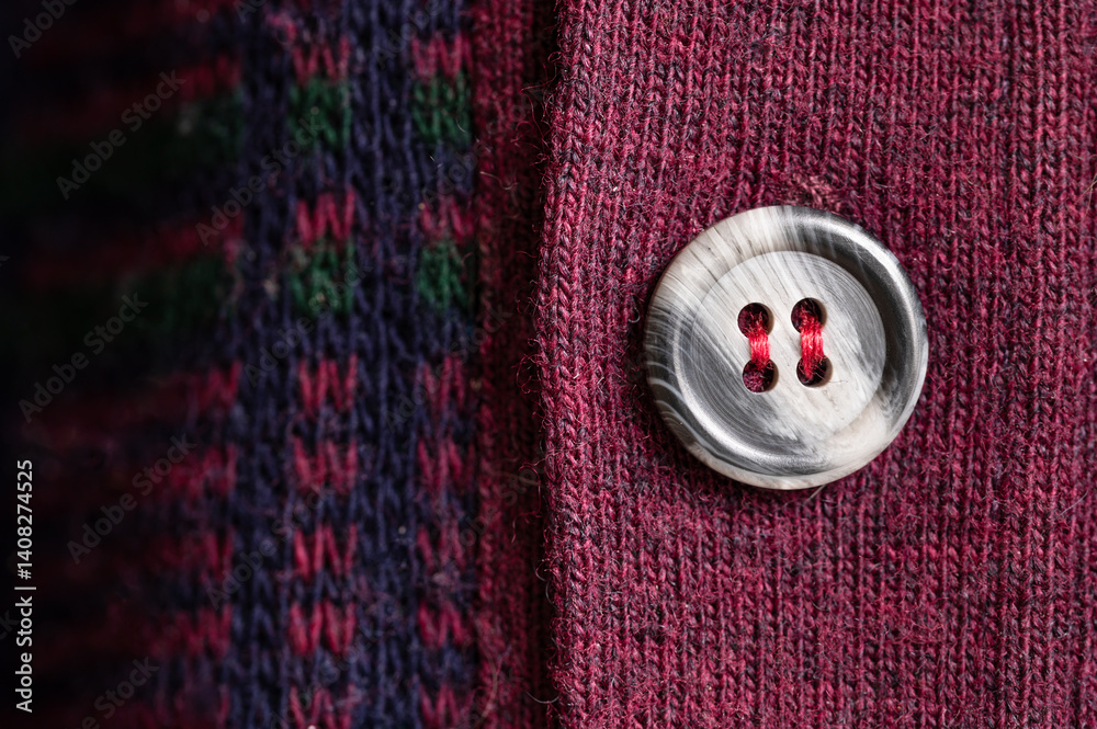Close-up of a gray button on a red sweater