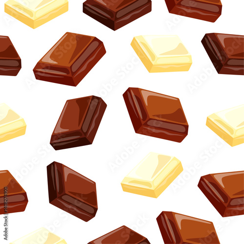 Seamless pattern with chocolate pieces different sizes in cartoon style. Vector illustration of delicious: black, white, milk chocolate isolated on white background. Packaging, wrapping paper. Banner.