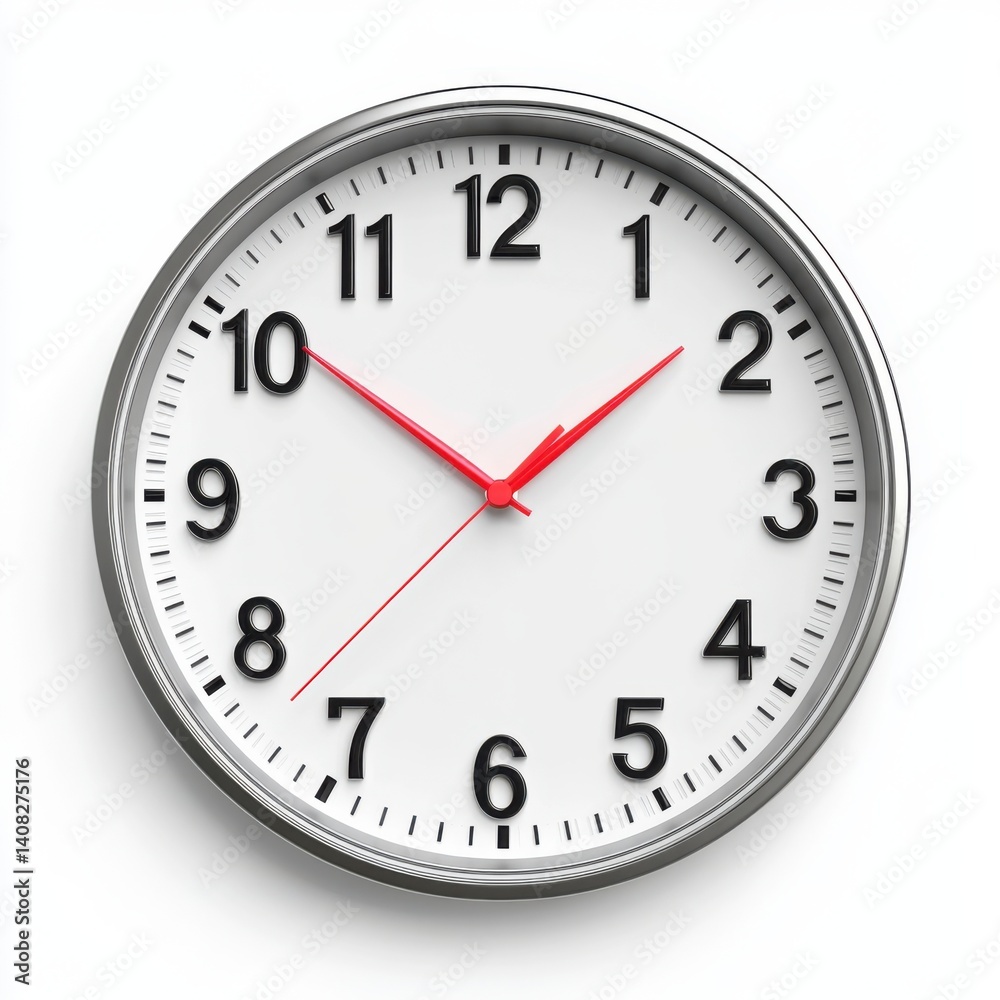 Silver framed clock with red hands isolated on white background Silver framed clock with red hands isolated on white background