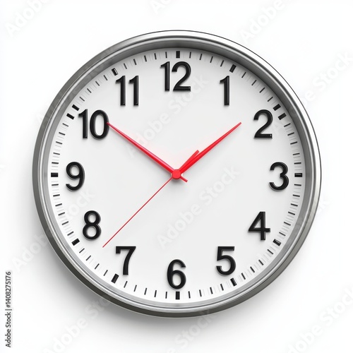 Silver framed clock with red hands isolated on white background