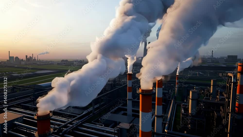Thick smoke rising from industrial chimneys at factory complex. Concept ...