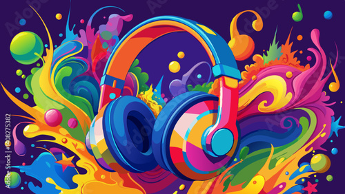 Headphone and vivid color powder. Creative music and festival concept.