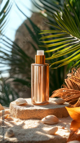 A cosmetic bottle on a stone altar in an exotically decorated studio. Golden bottle of self-tanning product at sunset.
