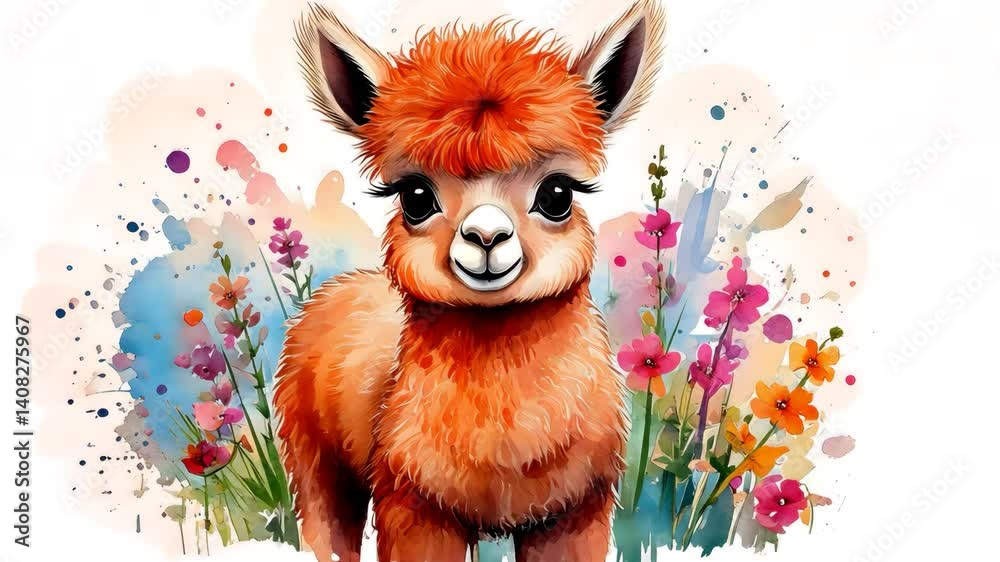 Adorable Baby Alpaca Surrounded by Colorful Flowers