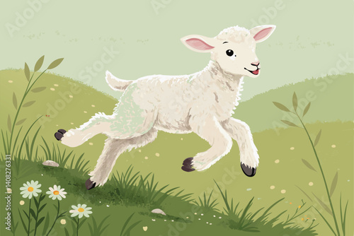 A fluffy baby lamb leaps joyfully in a sun-drenched green field, showcasing its playful energy.  Background is slightly blurred.