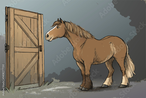 A majestic brown horse, muscular and powerful, stands calmly beside a rustic wooden barn door, bathed in warm sunlight.