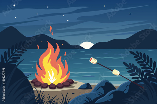 Generate a vibrant abstract image depicting a campfire with marshmallows roasting, emphasizing swirling smoke and warm, inviting colors.  Include stylized flames and glowing embers.