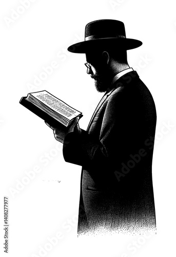 sketch drawing silhouette of a jews rabbi is reading torah (artwork 2)