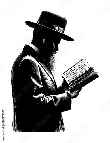 sketch drawing silhouette of a jews rabbi is reading torah (artwork 3)