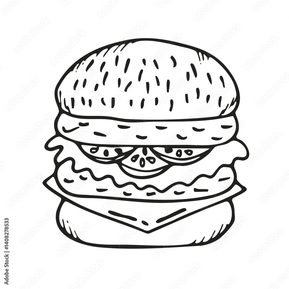 Vector Burger Sketch for Menu, Restaurant, Cafe, Poster, Banner. Hand Drawn Hamburger with cheese, cutlet, salad, cucumber. Doodle Hamburger Day. Line Art Сheeseburger. Vector Burger Sketch for Menu, Restaurant, Cafe, Poster, Banner. Hand Drawn Hamburger with cheese, cutlet, salad, cucumber. Doodle Hamburger Day. Line Art Сheeseburger.