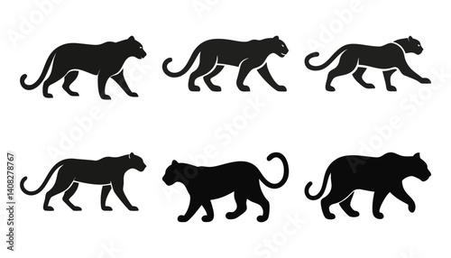 Panther Silhouette Set Dynamic Big Cat Movements in Black and White