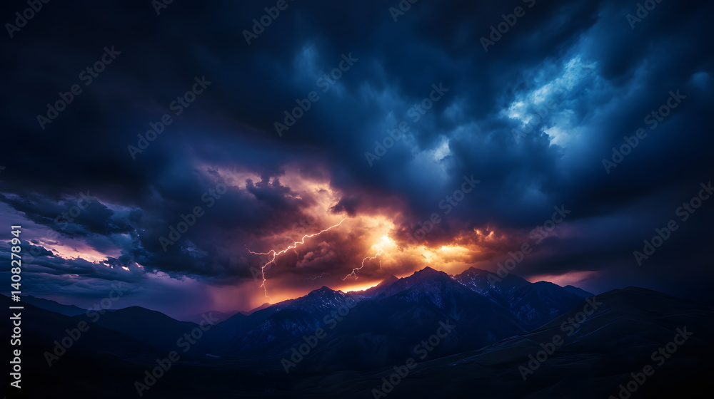 Fototapeta premium Mountains in a dramatic thunderstorm, with swirling dark clouds and occasional lightning illuminating the landscape below.