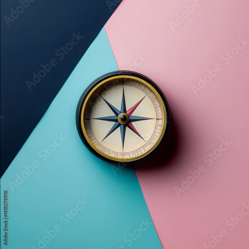 Stylish top-down view of a classic compass placed on a modern pastel geometric background with navy, teal, and pink segments