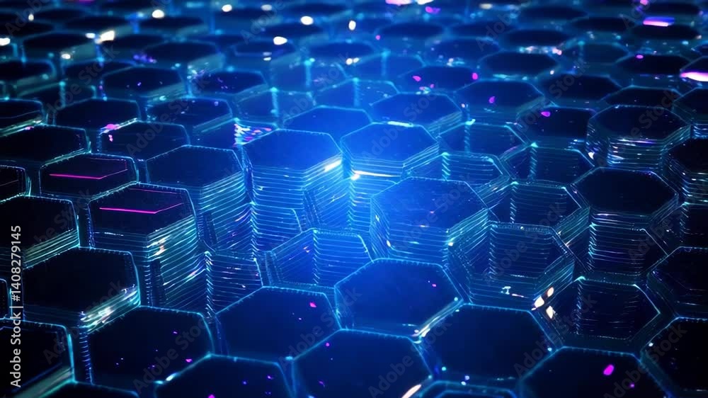 Futuristic glowing hexagonal grid in blue neon light. Abstract digital background perfect for themes of technology, innovation, blockchain, or artificial intelligence.